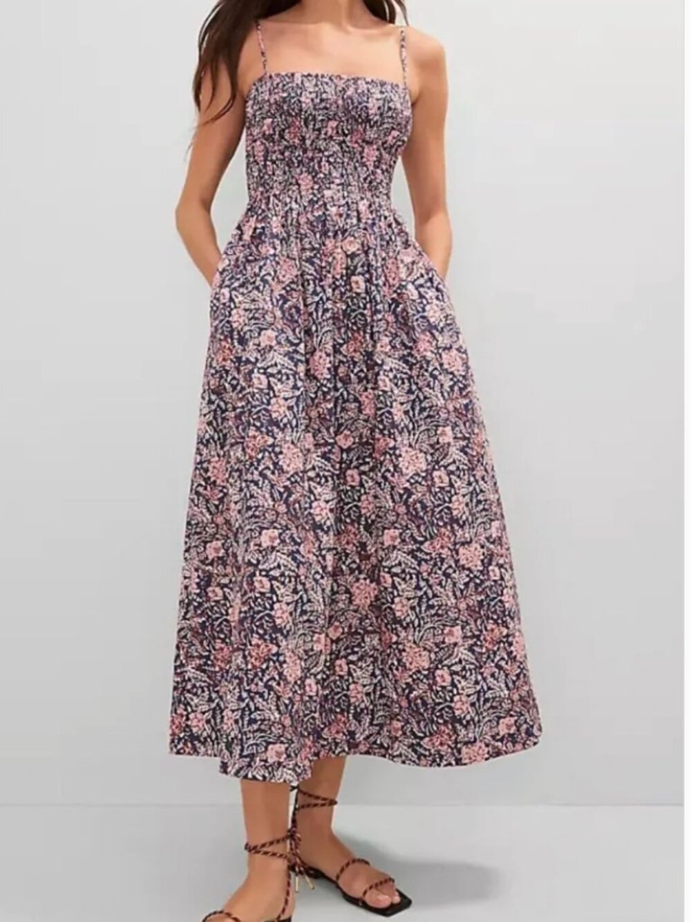 Ann Taylor Blue Pink Floral Smocked Flare Midi Dress 10 Spaghetti Straps Pockets